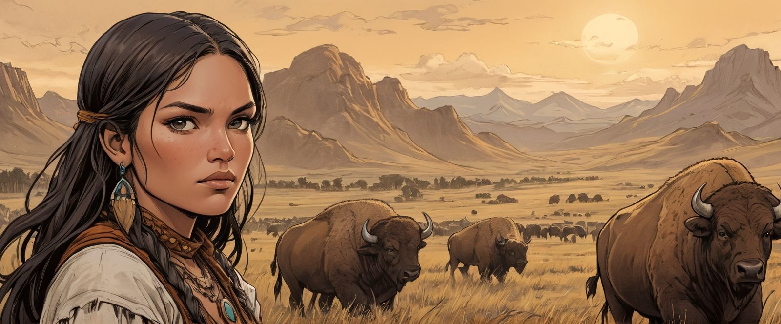 36990-486753720-a page from comics, strong and beautiful cheyenne woman facing to buffalo on the plain with arm,  face detail, close view, cinem.jpg